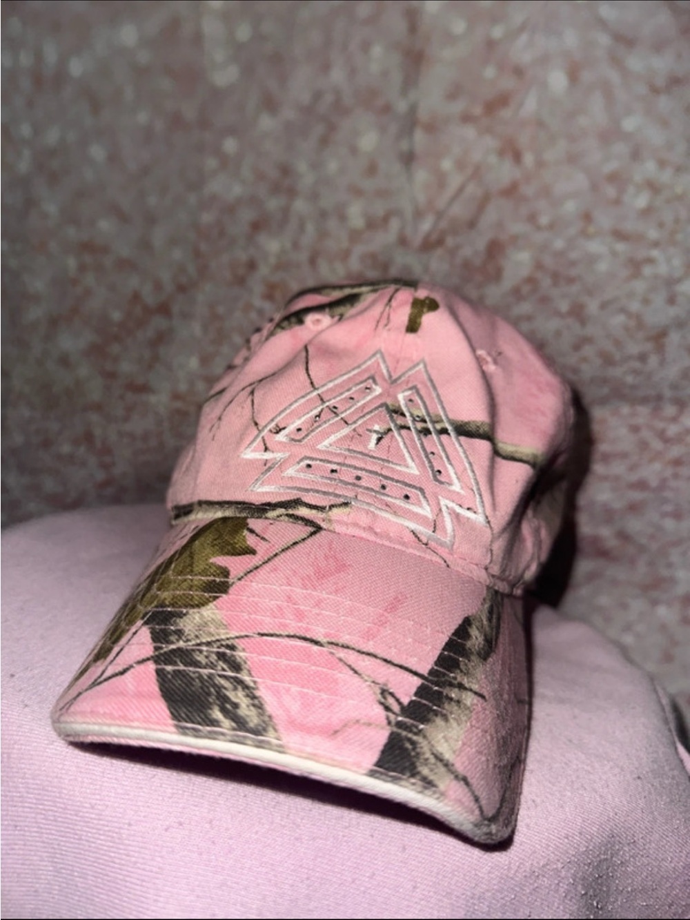 Pink Camo Women's Baseball Hat with Embroidered Triangle Detail with cross